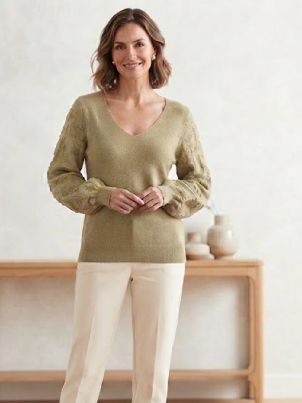 V-Neck Olive Green Cable Sleeve Sweater - Women small